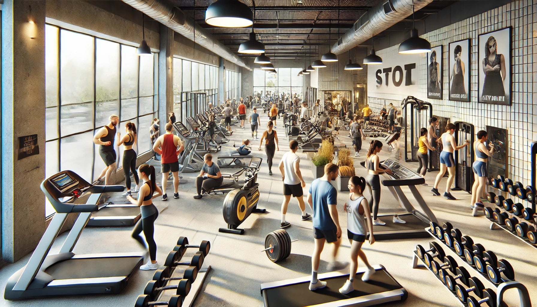 A modern gym with top-notch equipment including treadmills, dumbbells, and weight machines.