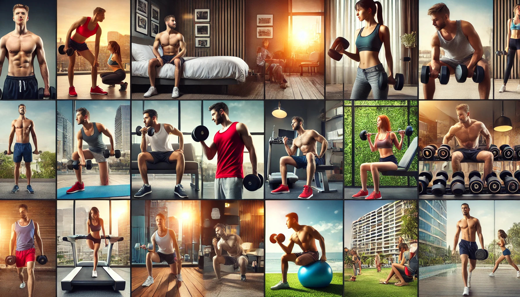 A collage of diverse Fitness Mill members showing their fitness transformation through dumbbell exercises in various settings like hotel rooms, small hotel gyms, and outdoor locations.
