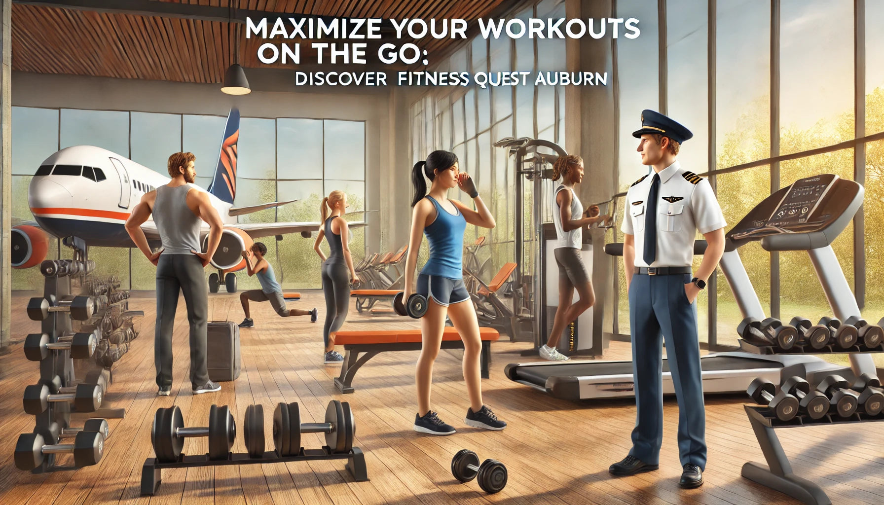 Modern gym with state-of-the-art equipment, featuring a pilot, flight attendant, and travel nurse working out together.
