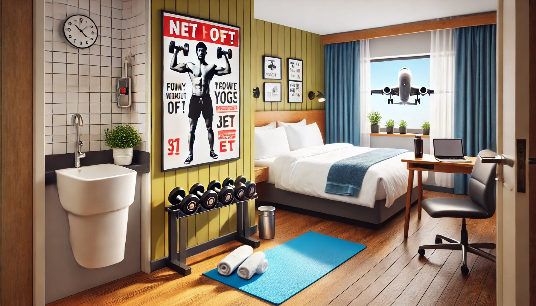 Cozy hotel room workout space with dumbbells, yoga mat, and a motivational poster featuring a funny fitness quote.