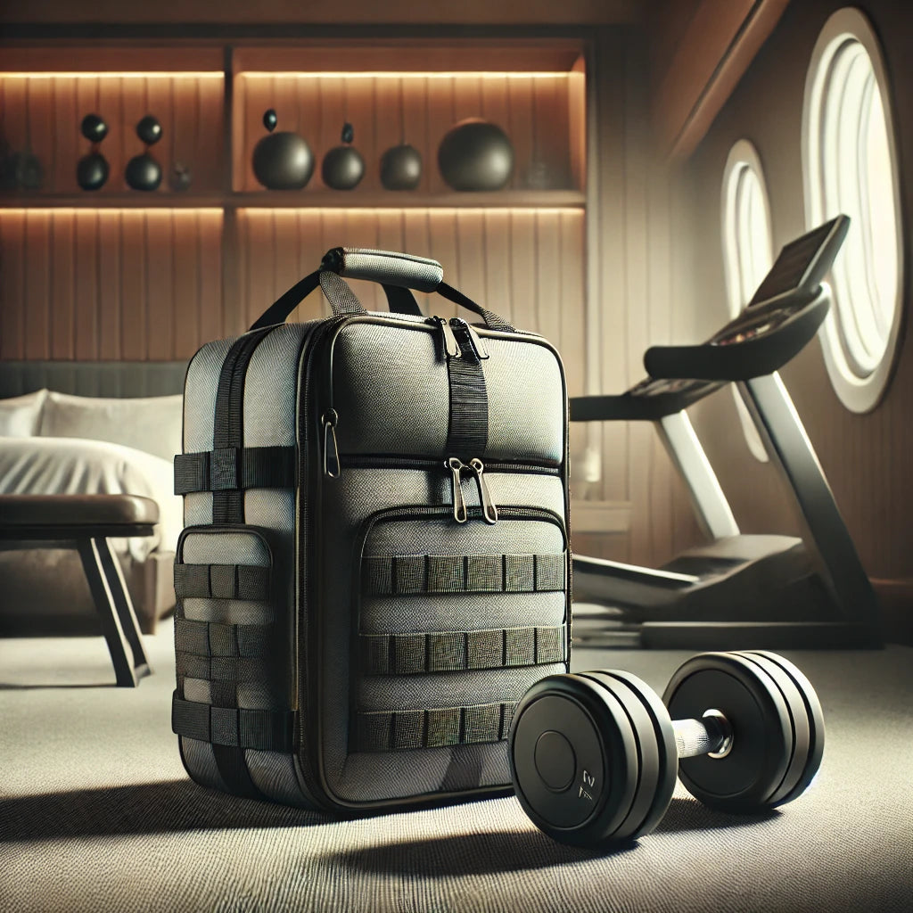 A durable, travel-friendly gym bag with padded compartments for carrying dumbbells, set in a minimalistic hotel room.