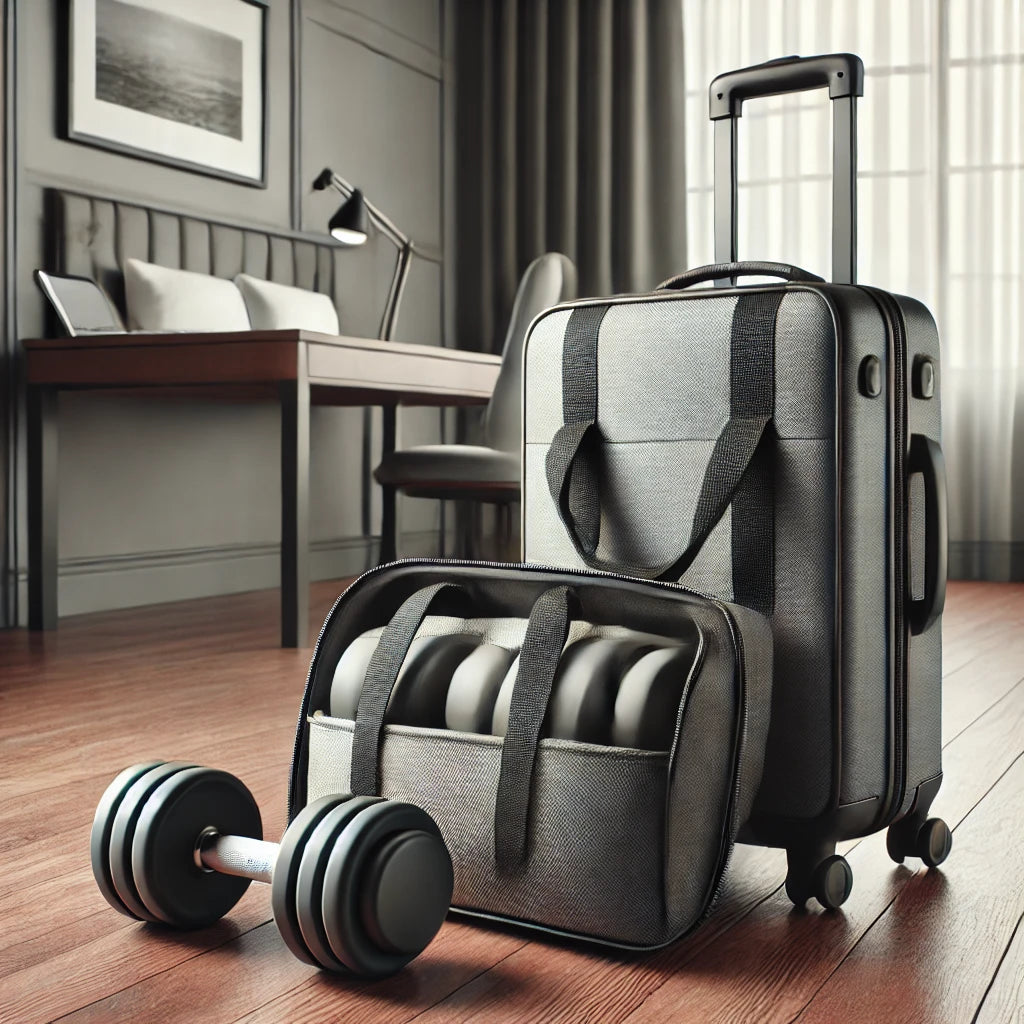 Compact travel-ready dumbbell bag with handles and padding, displayed next to a set of dumbbells in a modern hotel room.