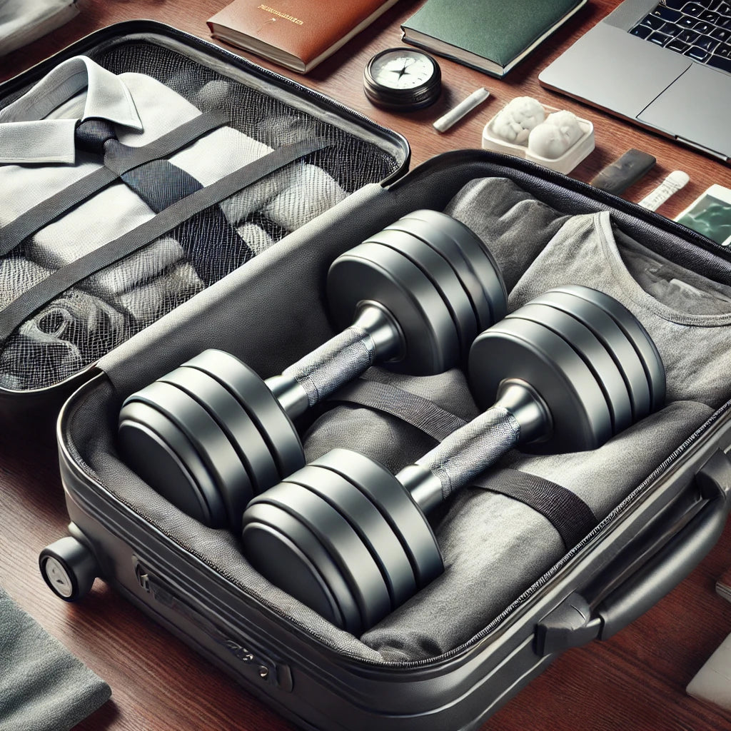 Compact adjustable dumbbells neatly packed inside a travel suitcase alongside business essentials like a laptop and clothing, showcasing efficient organization for fitness on the go.