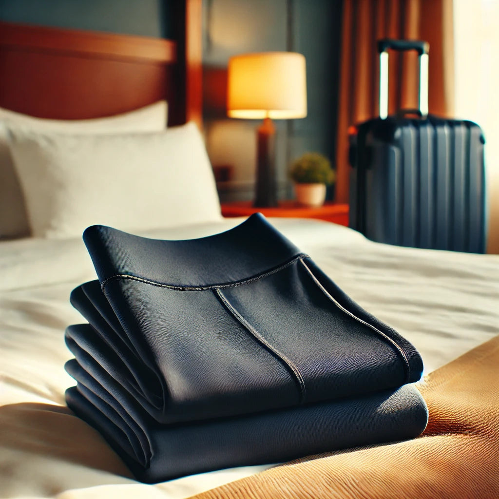 Navy blue yoga pants neatly folded on a hotel bed with a suitcase in the background, representing comfort and practicality for traveling professionals.