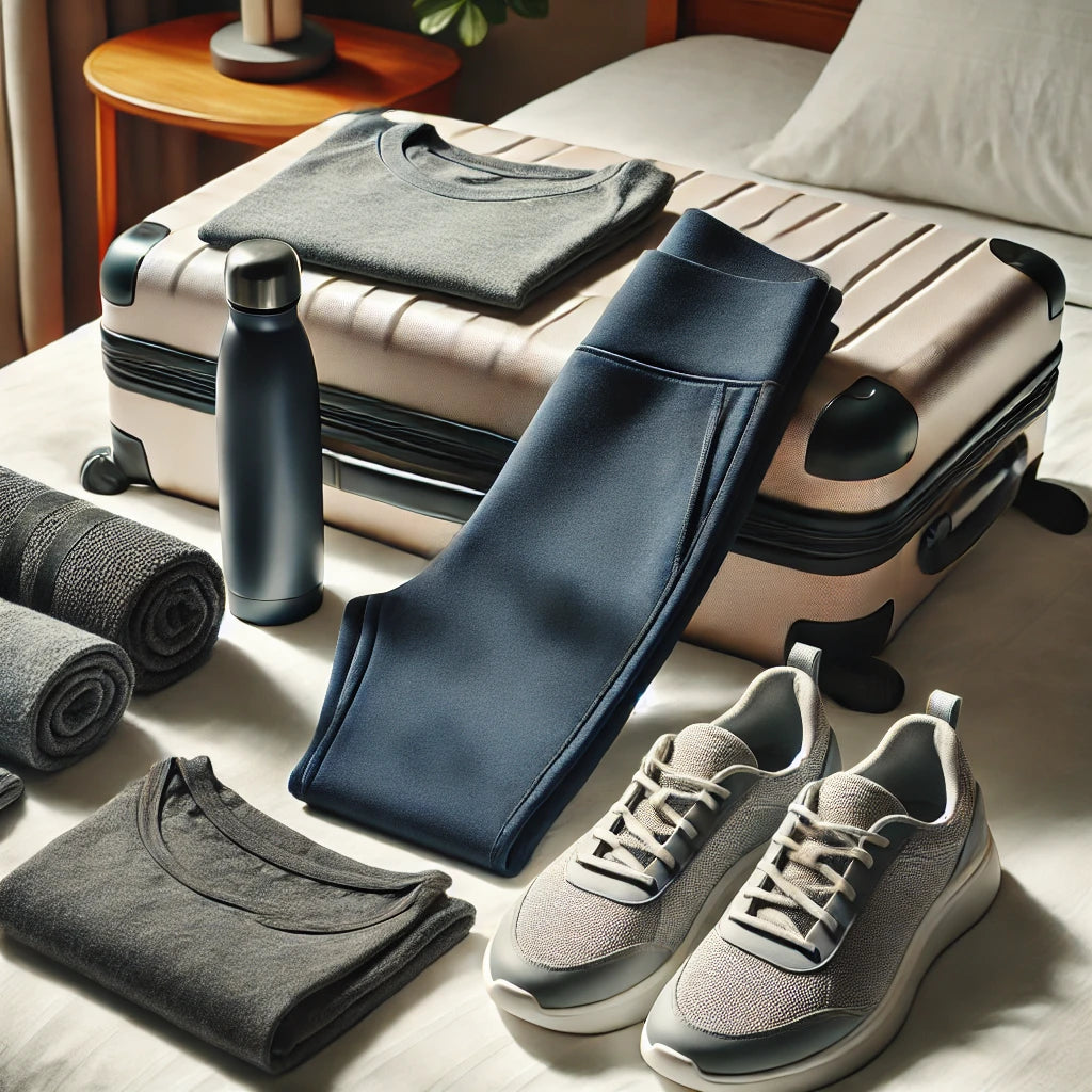 Navy blue yoga pants neatly folded with travel gym gear, including a water bottle and sneakers, in a hotel room setting with a suitcase nearby.