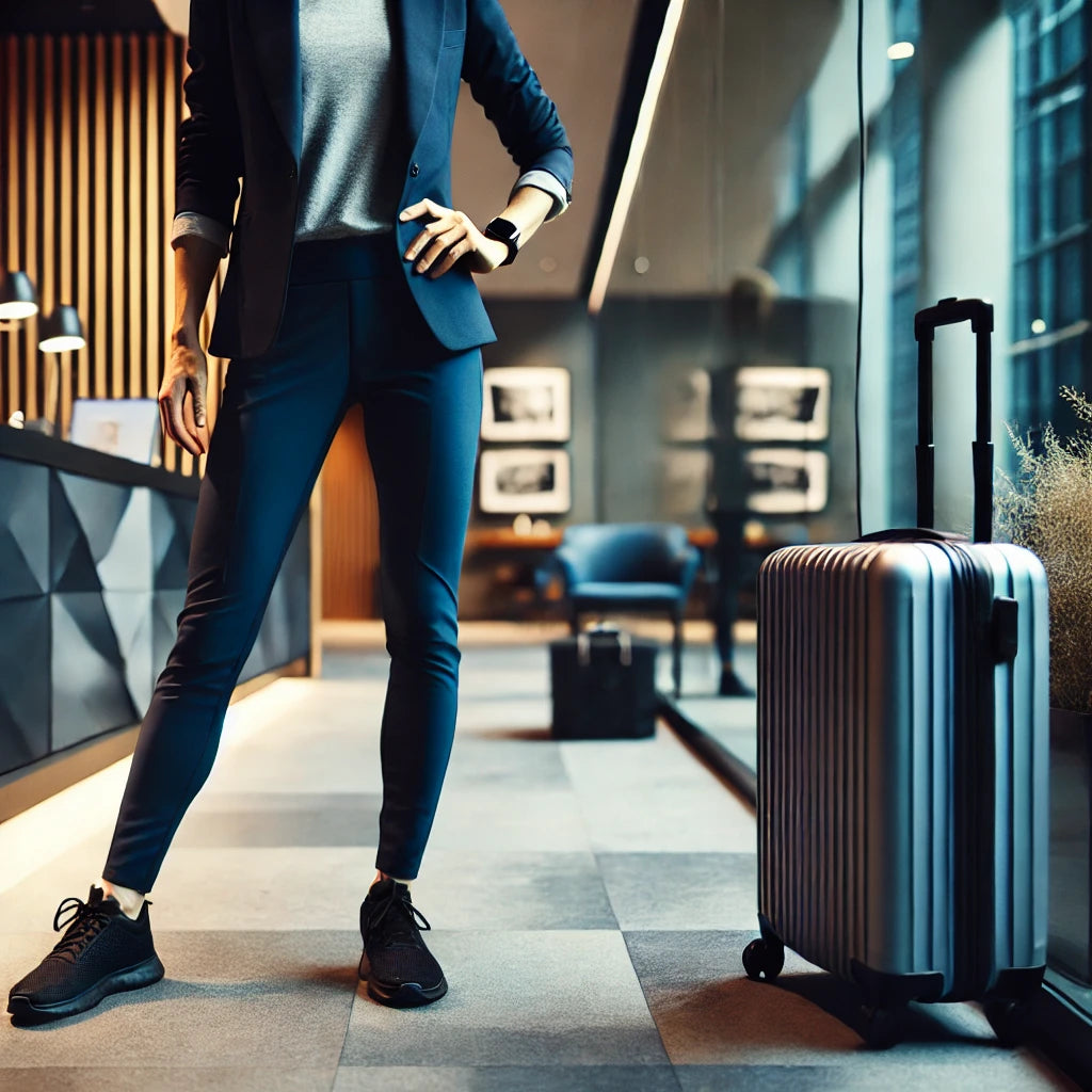 Busy professional woman in navy blue yoga pants preparing for a workout in a modern hotel gym, with a suitcase nearby, emphasizing versatility for traveling professionals.