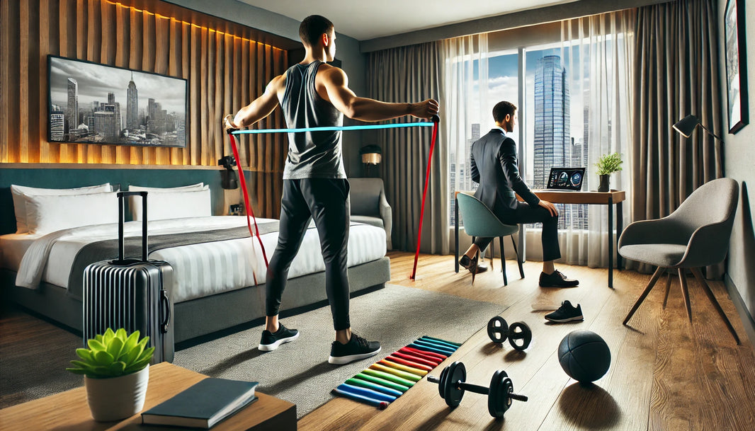 Business traveler performing a variety of exercises in a modern hotel room, highlighting quick and effective workout plans for busy travelers