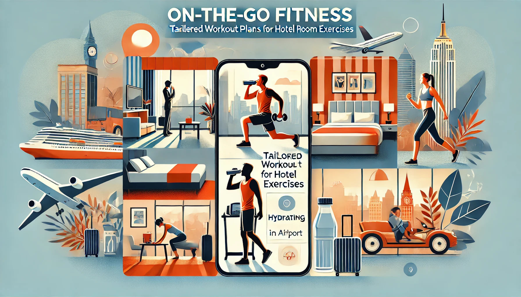 Cover image for the blog post 'On-the-Go Fitness: Tailored Workout Plans for Hotel Room Exercises' featuring scenes of a workout in a hotel room, hydrating in an airport, and walking through a city