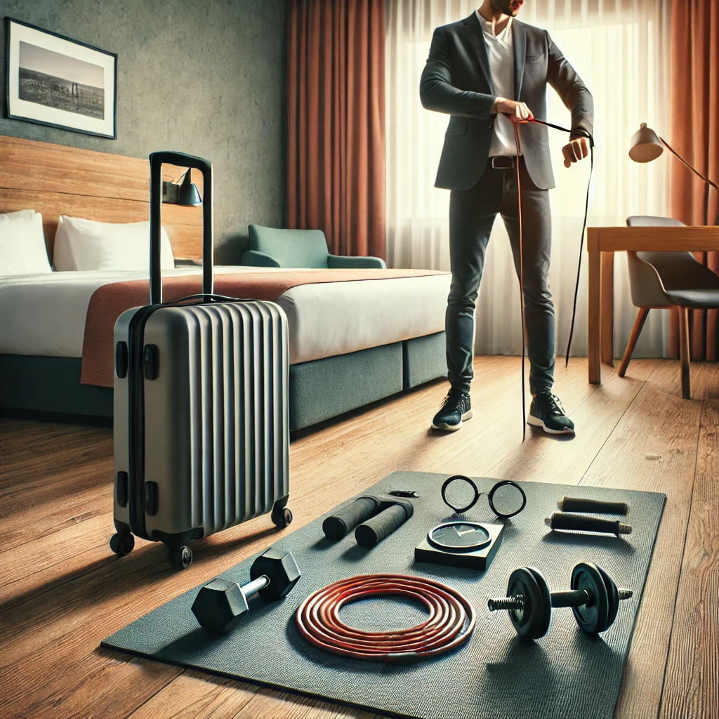 traveling professional in a small, well-lit hotel room using a compact fitness mat and various portable fitness equipment like resistance bands, a jump rope, and adjustable dumbbells.