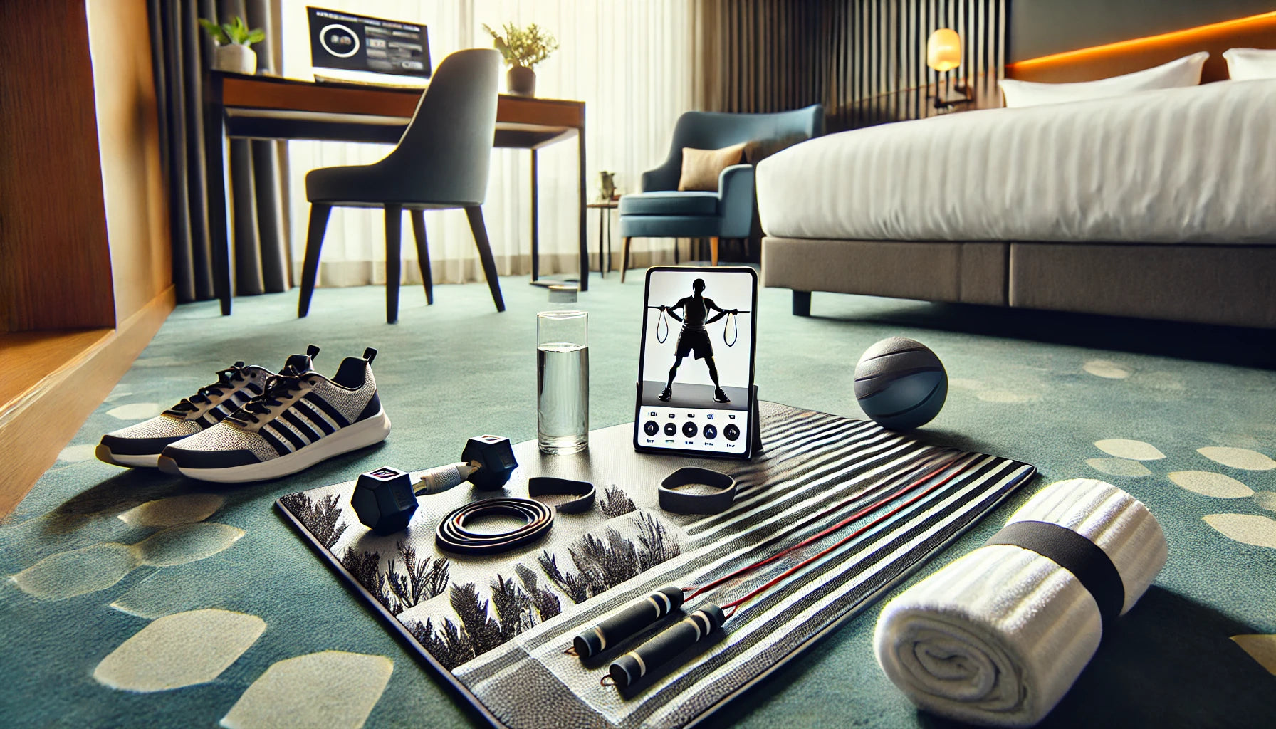 A featured image of a travel-friendly workout setting in a stylish hotel room. A person is using resistance bands and portable weights on a fitness mat.