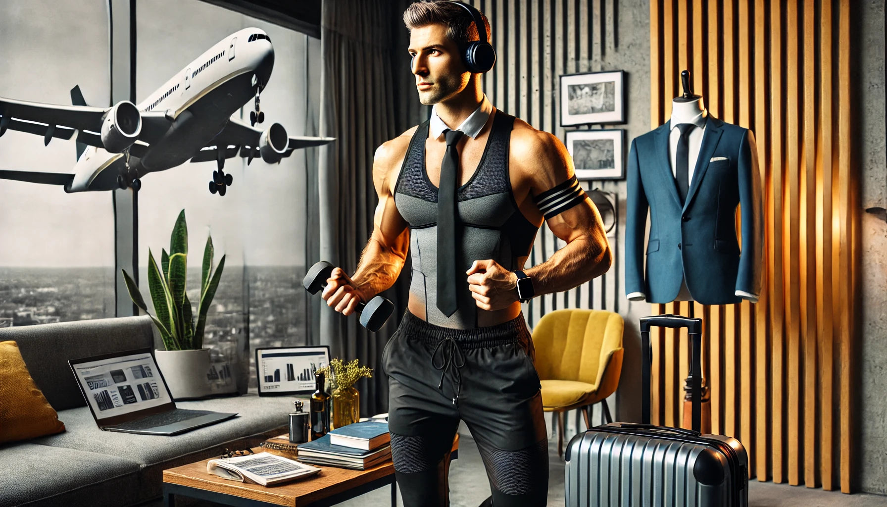 Traveling professional working out in a stylish hotel room, wearing high-quality fitness apparel with advanced technologies like moisture-wicking, compression, and anti-odor properties.