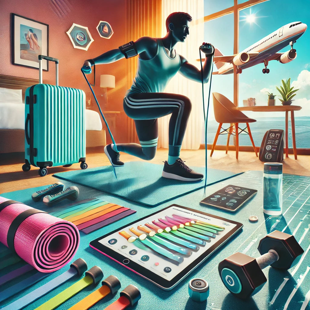 A vibrant scene featuring a variety of travel workout gear including resistance bands, a compact fitness mat, and portable dumbbells. A traveling professional exercises in a hotel room with a fitness app on a tablet.