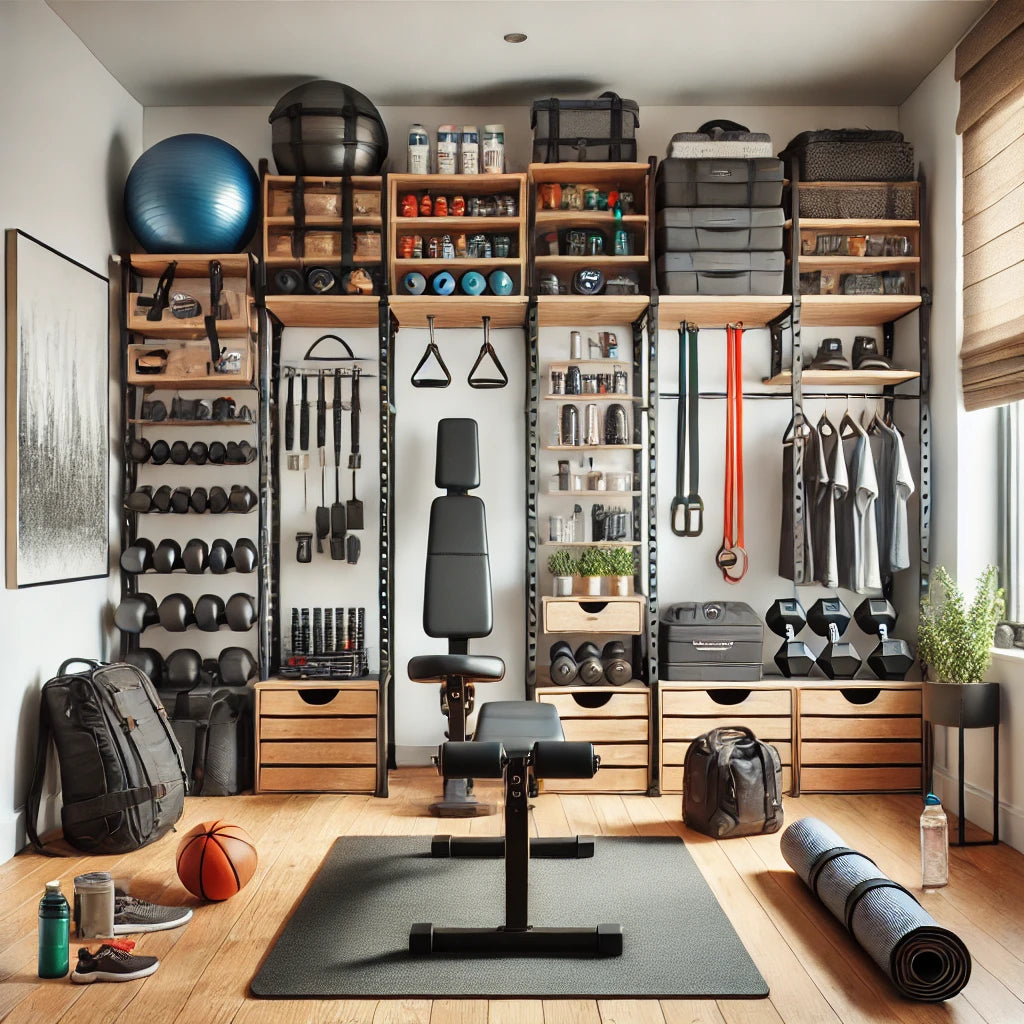 A well-organized small home gym designed for traveling professionals, featuring essential equipment like adjustable dumbbells, resistance bands, a foldable bench, and a mat.