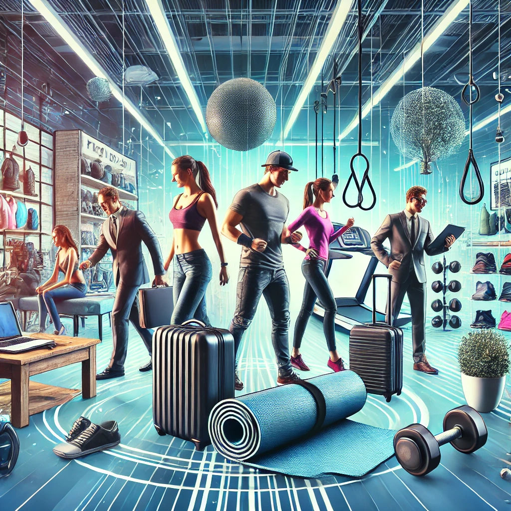 Diverse travelers, including business professionals, digital nomads, and adventurers, are shopping and trying out equipment.