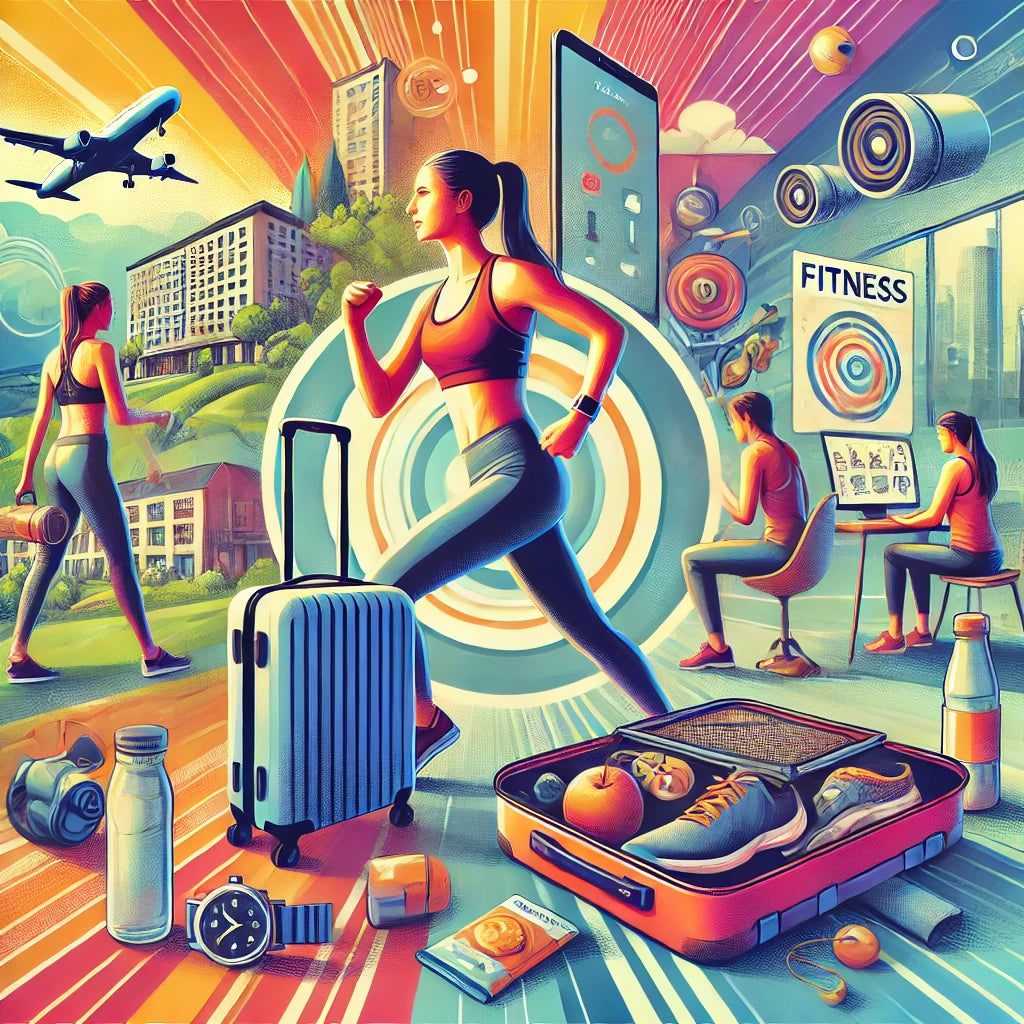 A vibrant collage representing various aspects of travel fitness: a traveler using portable workout equipment in a hotel room, jogging in an outdoor setting, participating in a group yoga class, and packing fitness gear into a suitcase.