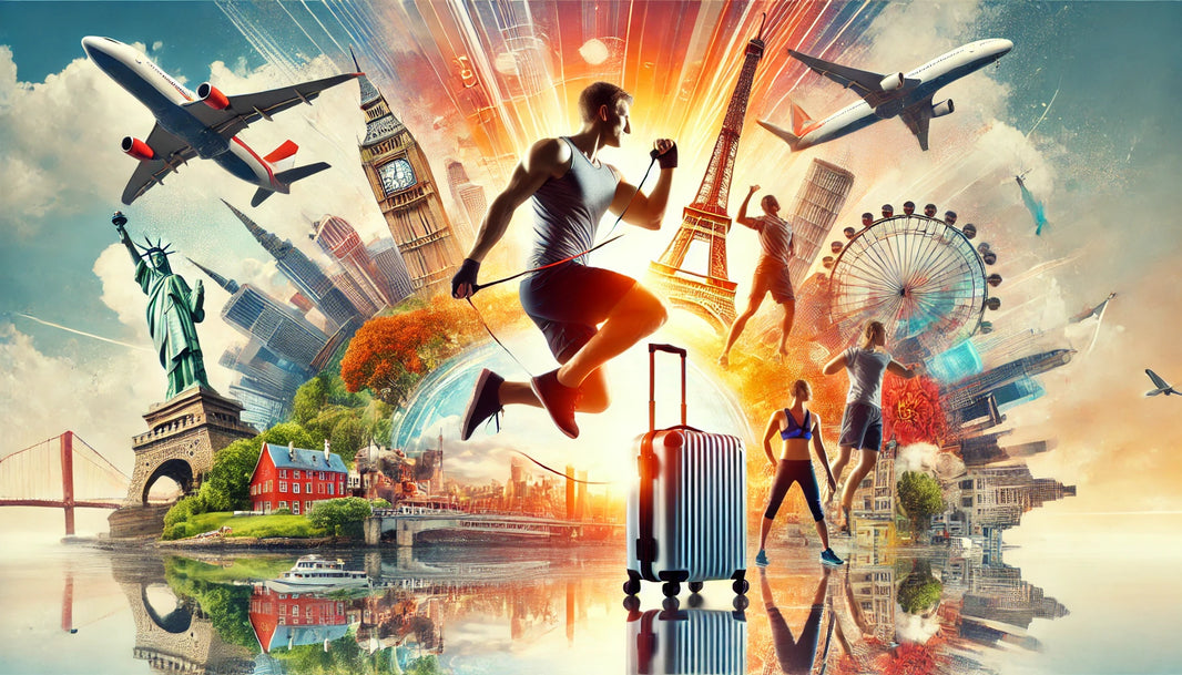 The image shows a traveler in workout gear with a suitcase, performing exercises like jumping rope, resistance band workouts, and yoga stretches in various scenic travel locations.