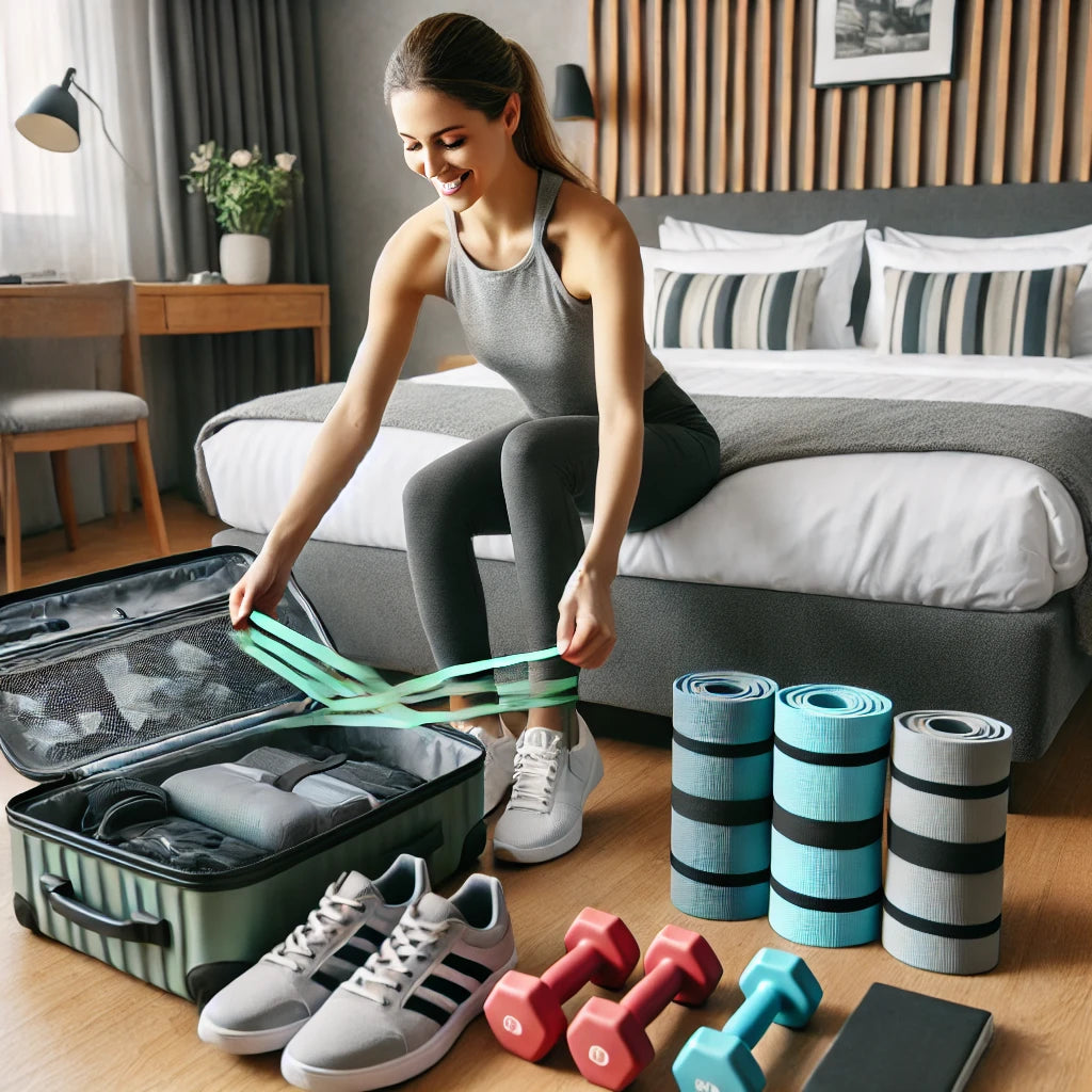 A traveler in a modern hotel room, preparing for a workout with portable fitness gear such as resistance bands, a foldable yoga mat, and compact dumbbells.
