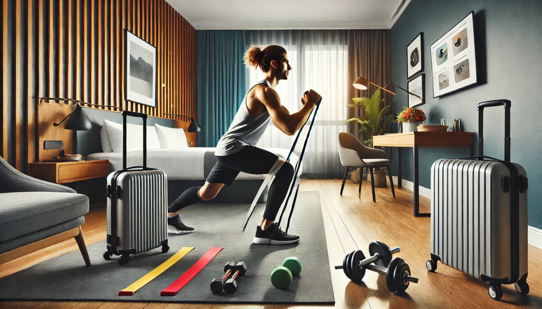 Fitness enthusiast in a modern hotel room performing exercises like resistance band squats and push-ups, with workout equipment such as resistance bands, a yoga mat, and adjustable dumbbells neatly arranged.