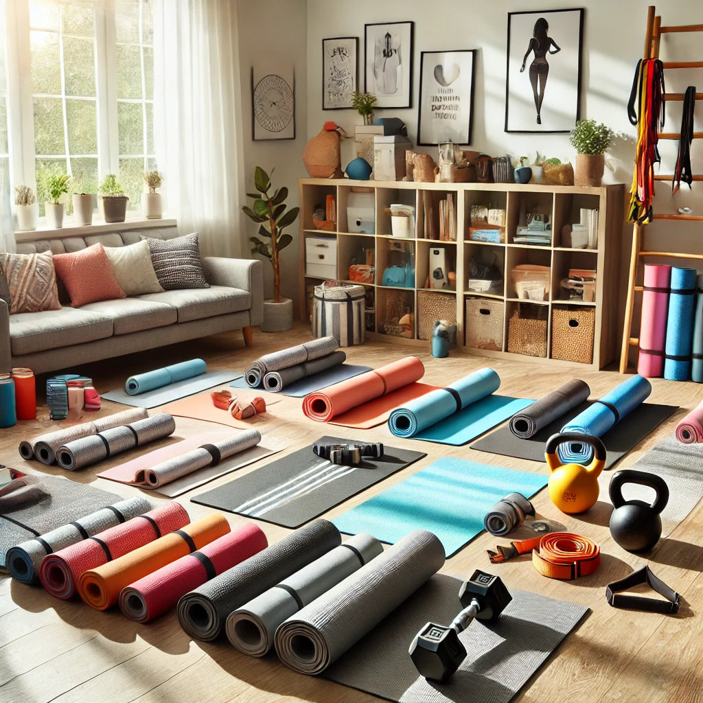 Featured photo for a blog post about fitness mats, showing a variety of high-quality mats in a bright, organized home workout space.