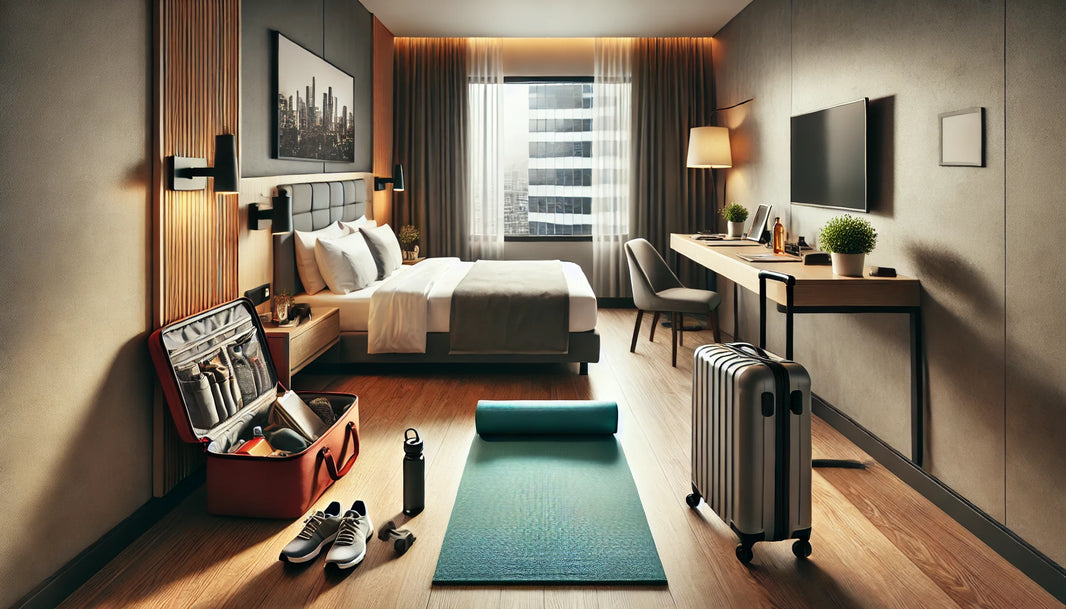 A well-lit modern hotel room with a neatly arranged fitness mat in the center, surrounded by travel essentials like a suitcase, gym bag, and a water bottle.
