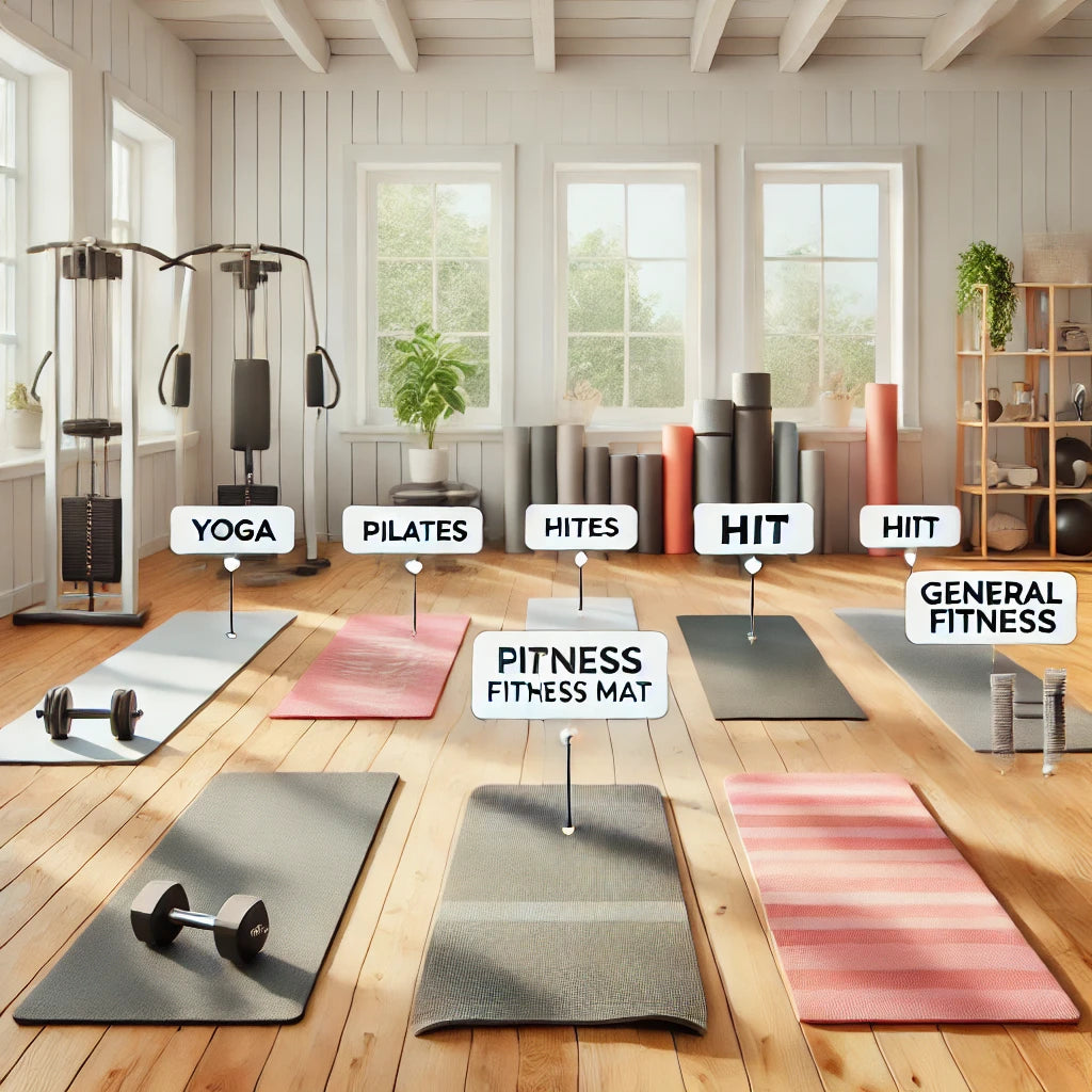 A featured photo for a blog post about choosing the perfect fitness mat, showing a variety of mats in a bright, clean home gym setting.