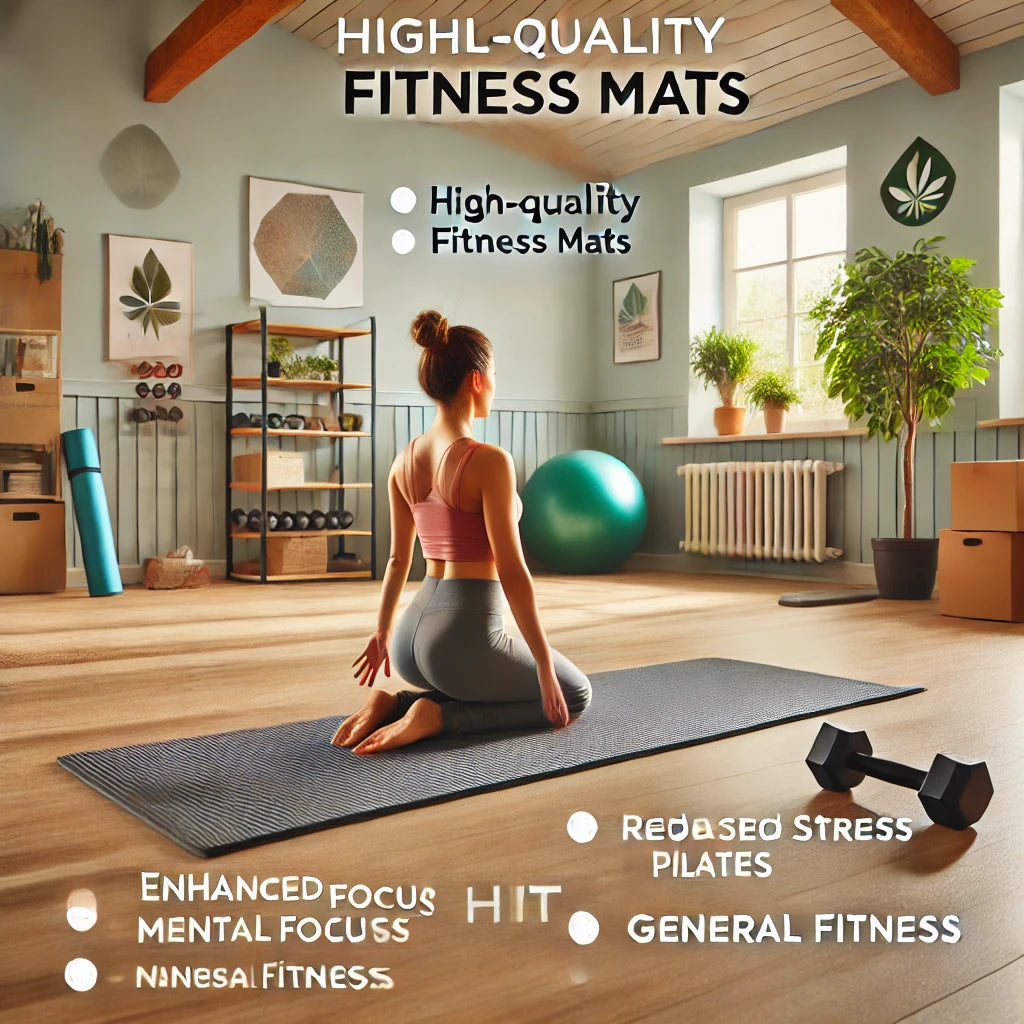High-quality fitness mat in a clean, organized home gym, used for yoga, Pilates, HIIT, and general fitness.