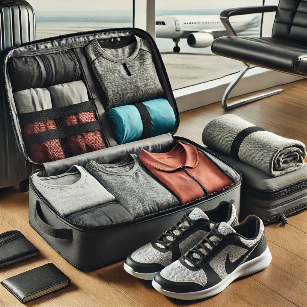 Travel bag packed with fitness apparel essentials, including moisture-wicking shirts, lightweight running shoes, and packable layers.