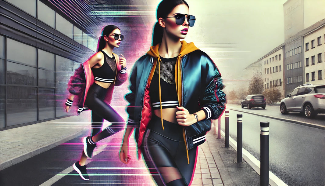 A dynamic image featuring a fashionable woman transitioning from gym to street. 