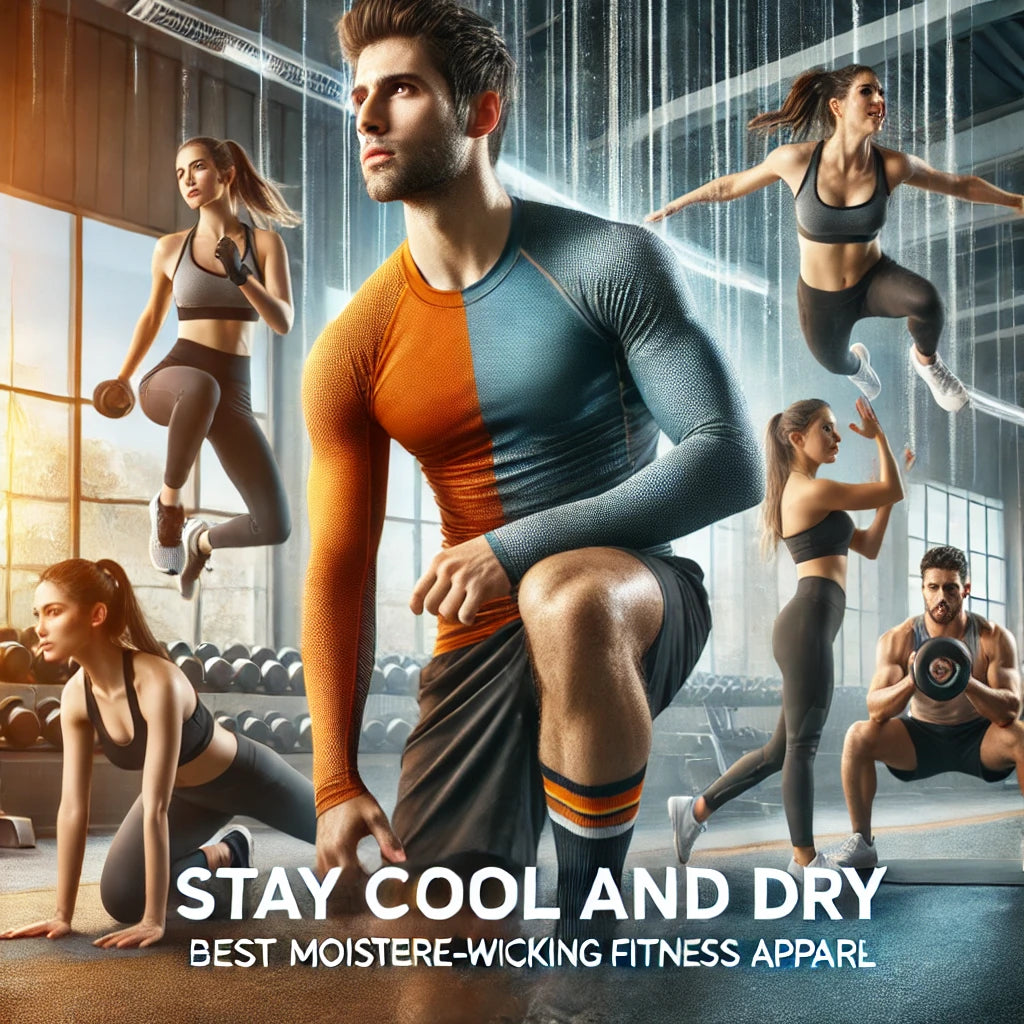 Diverse athletes in action, wearing stylish and colorful moisture-wicking fitness apparel.