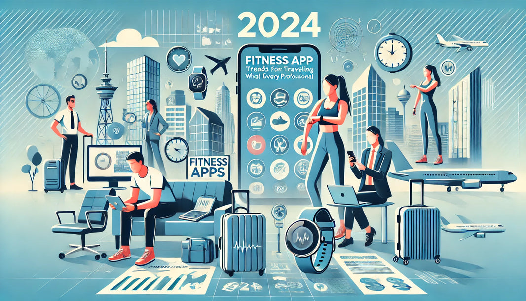 The image shows diverse traveling professionals using various fitness apps on their smartphones and wearables in settings like hotel rooms, airports, and gyms.
