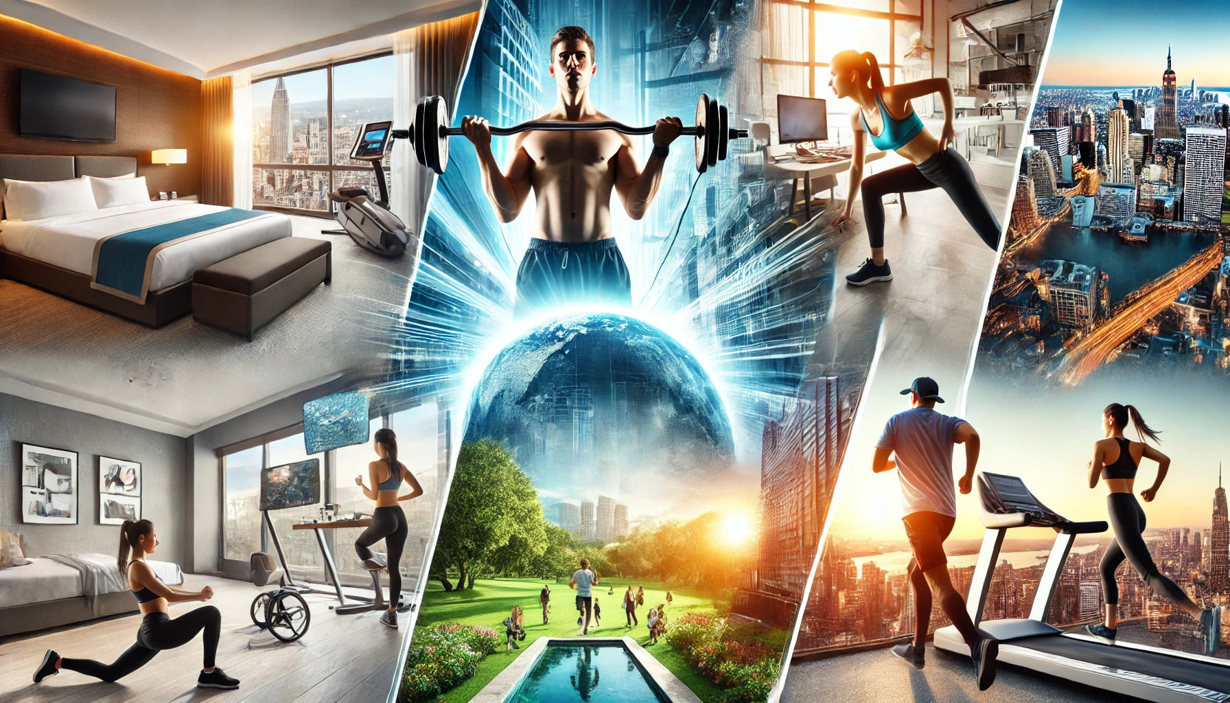 A dynamic collage for a blog post on staying fit while traveling, showing a variety of fitness activities.