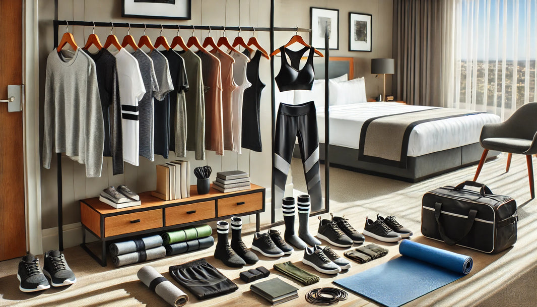 A featured photo for a blog post on essential fitness apparel for traveling professionals, set in a modern hotel room.