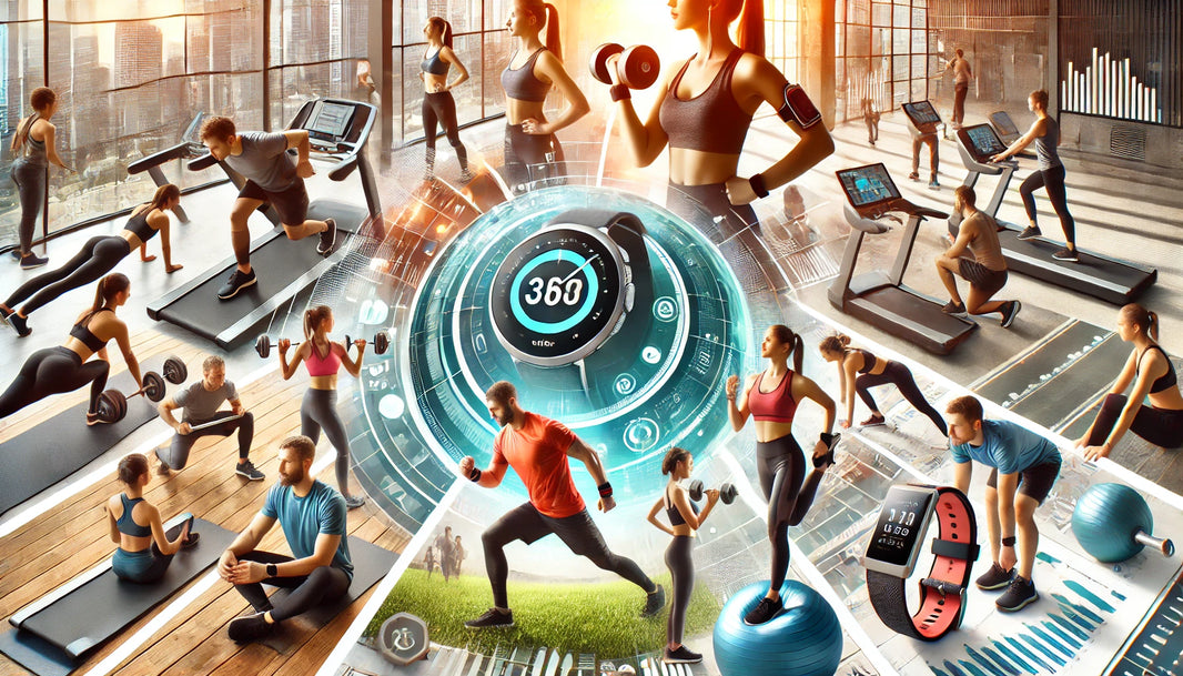 Diverse individuals are engaging in various fitness activities such as strength training with dumbbells, running on treadmills, practicing yoga, and using fitness technology like smartwatches and apps.