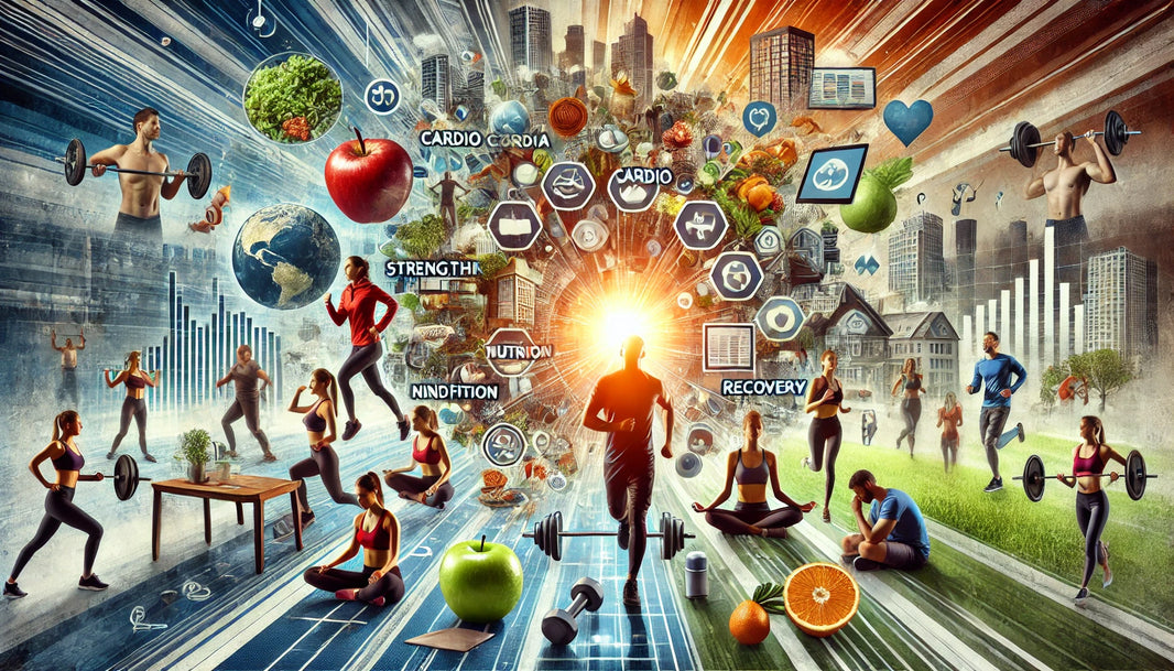 Dynamic collage representing the Fitness 360 approach, featuring diverse individuals engaging in strength training, cardio, preparing healthy meals, meditating, sleeping, and using fitness technology.