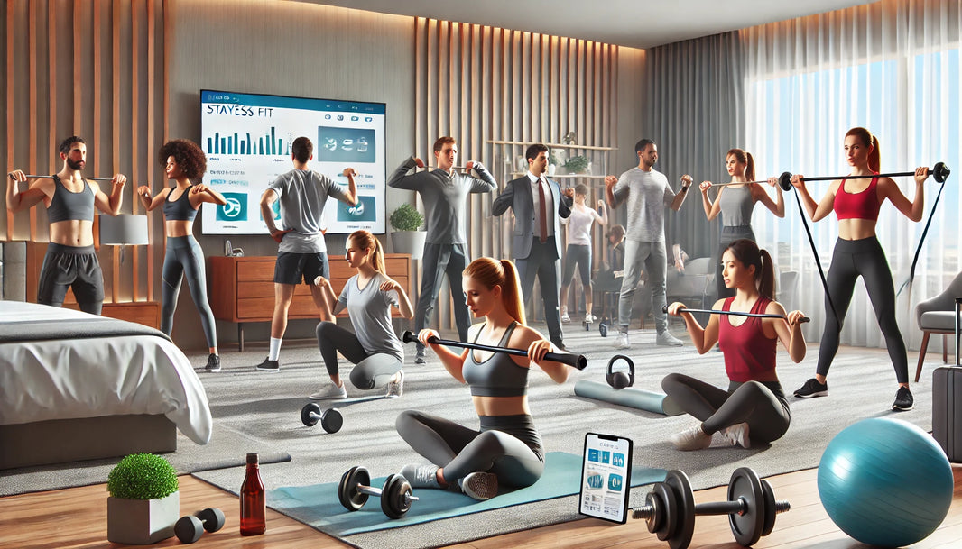 A diverse group of professionals performing various exercises in a modern, well-lit hotel room.