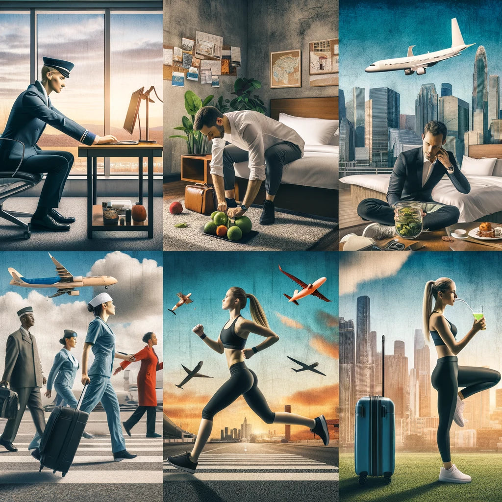 Diverse group of traveling professionals, including flight attendants, travel nurses, and business travelers, engaged in fitness activities in various travel environments. 
