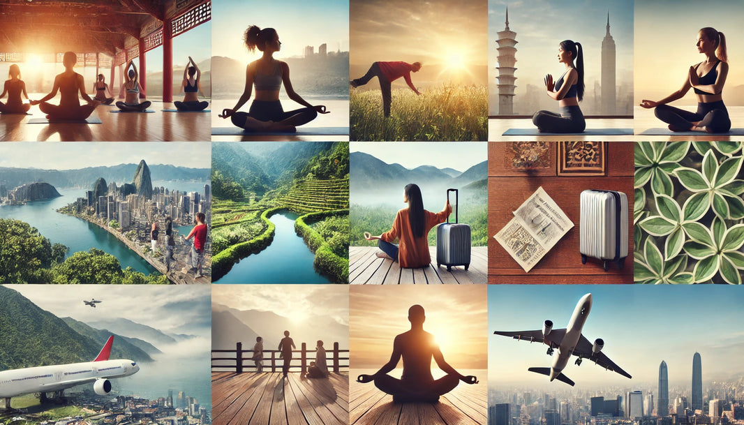 Featured photo for a blog post on integrating holistic practices into the Fitness 360 routine, showing diverse individuals practicing yoga, Pilates, Tai Chi, and Qigong in serene natural settings.