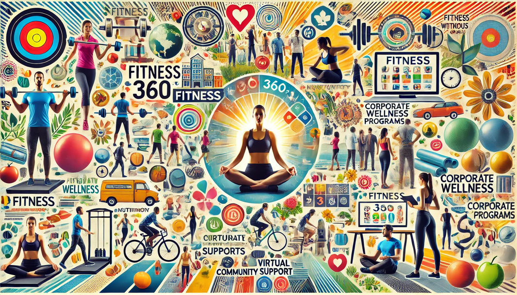A vibrant and dynamic collage representing the holistic approach of Fitness 360.