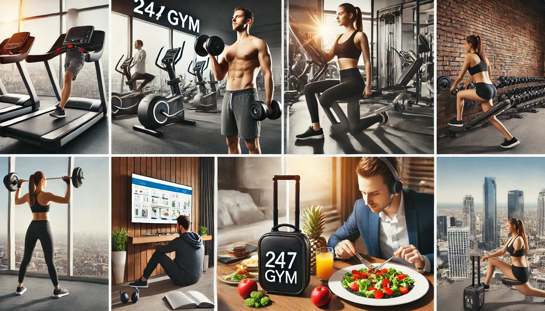 A collage representing a 24/7 gym lifestyle, featuring people working out in a modern gym, using portable fitness equipment in a hotel room, preparing healthy meals, and using fitness technology.
