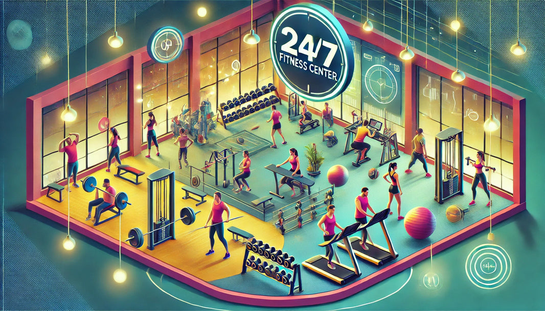 A vibrant and energetic image of a modern gym with people working out at different times of the day and night, using various equipment like treadmills, free weights, and functional training zones.