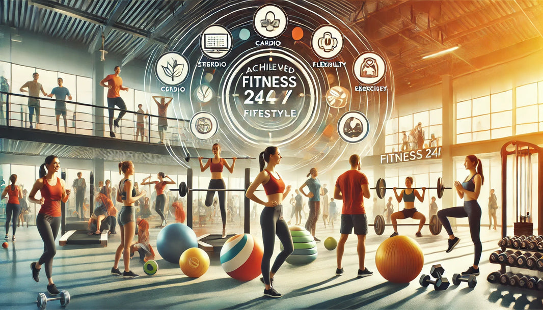  Shows a vibrant gym environment with diverse individuals engaging in strength training, cardio, flexibility exercises, and group classes.