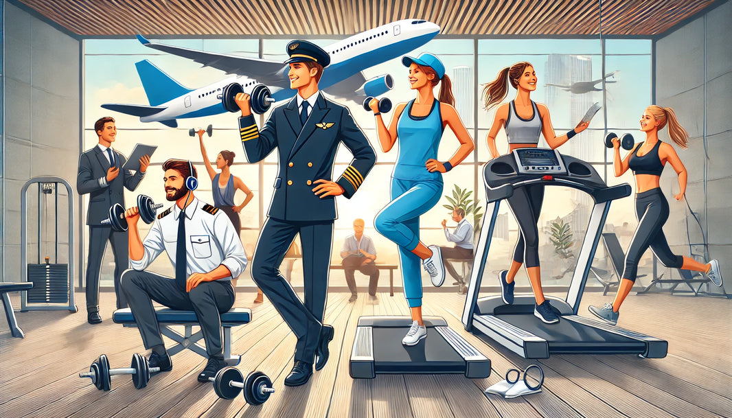 Featured photo for a blog post showing diverse professionals like a pilot, a flight attendant, and a travel nurse engaging in workout activities such as lifting dumbbells, running on a treadmill, and doing yoga.