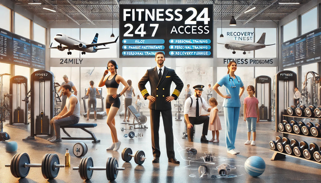 Professionals including a pilot, flight attendant, and travel nurse are engaged in various exercises using state-of-the-art equipment like dumbbells, cardio machines, and smart fitness technology.