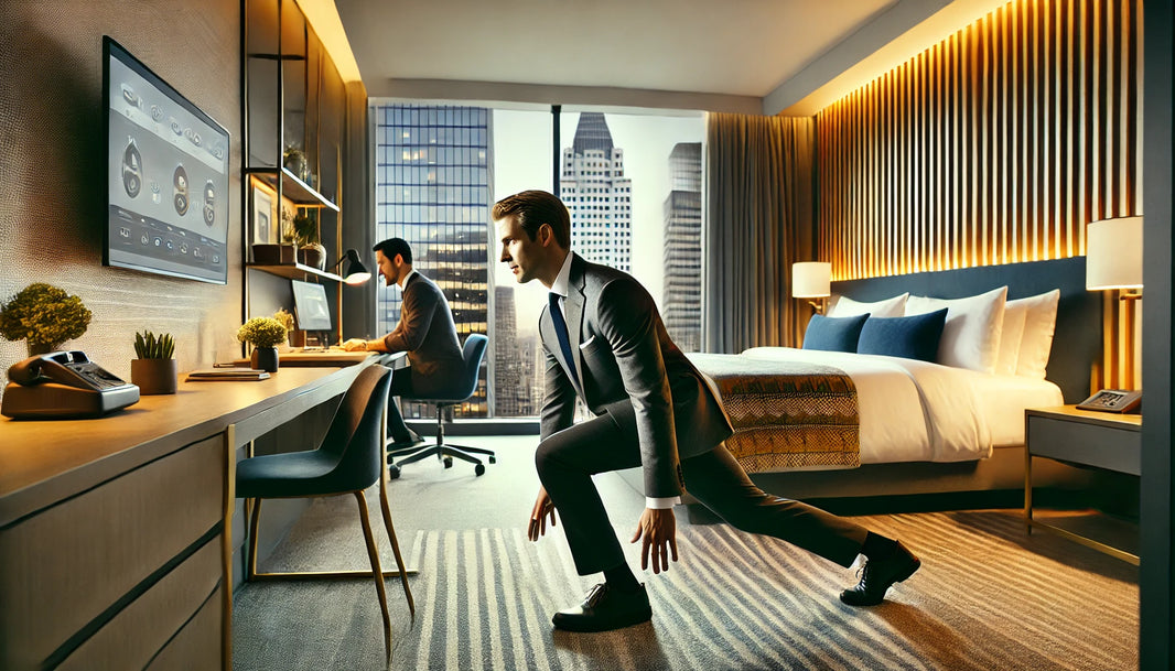 A professional traveler in a modern hotel room performing a dynamic workout routine, including lunges, push-ups, and jumping jacks.