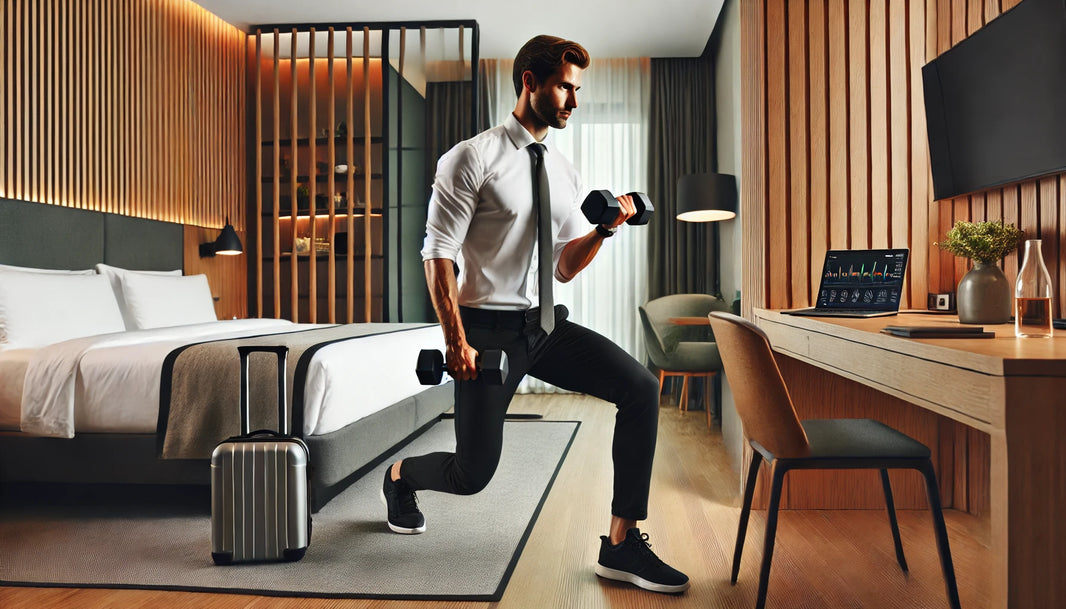 A professional traveler working out in a stylish hotel room, performing a dumbbell exercise.