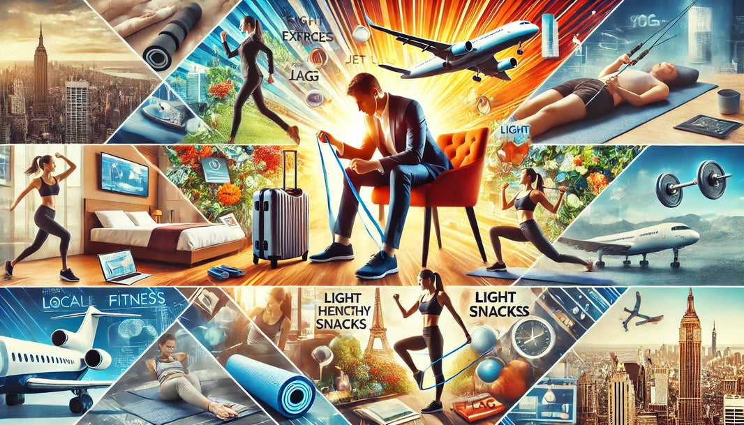 Dynamic collage of a traveling professional engaging in various fitness activities in different settings like a hotel room, gym, and outdoor park.
