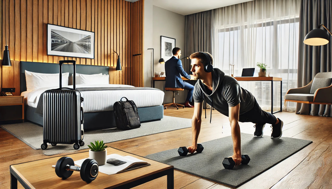 A traveling professional in a modern hotel room performing a workout, doing bodyweight exercises like push-ups and lunges.