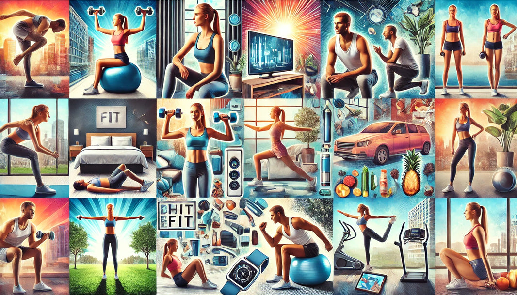 Individuals performing strength training with dumbbells, yoga, high-intensity interval training (HIIT), and bodyweight exercises in various settings such as a hotel room, outdoor park, and home gym. 
