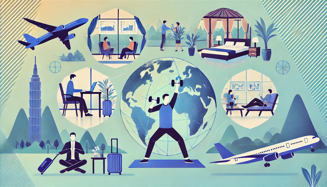 Traveling professional engaging in various fitness activities in different travel settings, including a hotel room, an airport lounge, and a park.