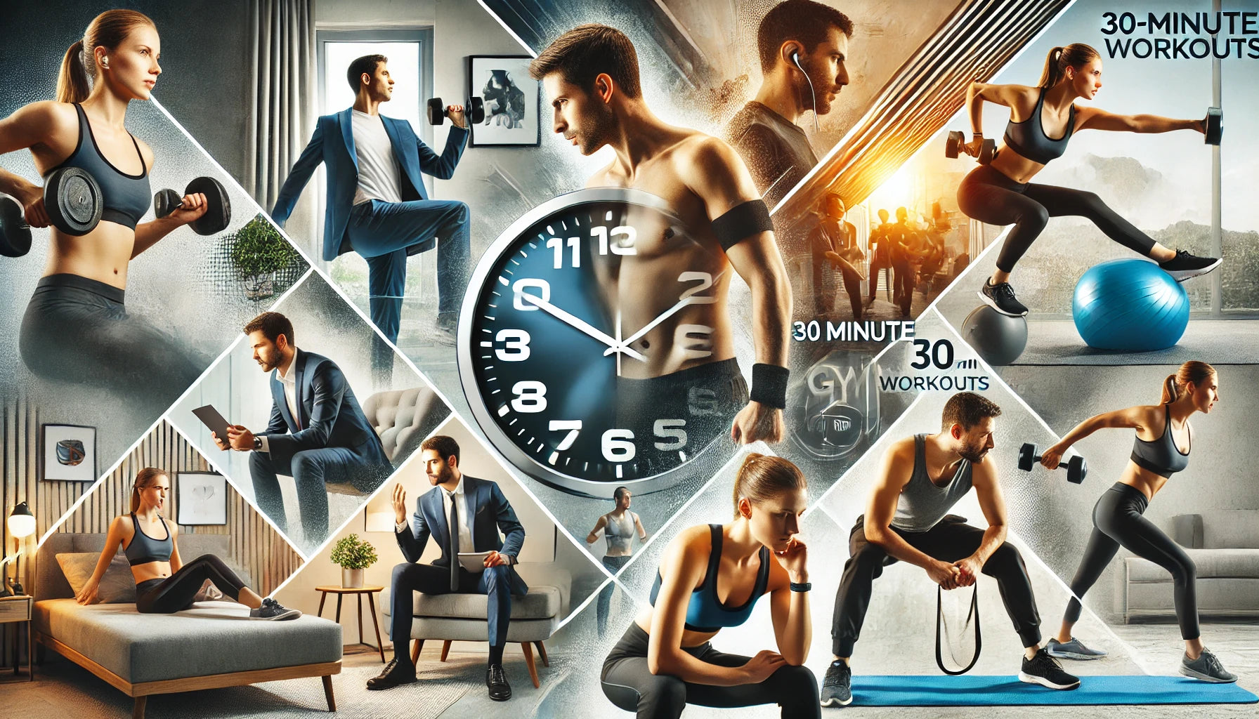 A dynamic collage of professionals performing 30-minute workouts in various settings, including a hotel room, home gym, and small hotel gym.